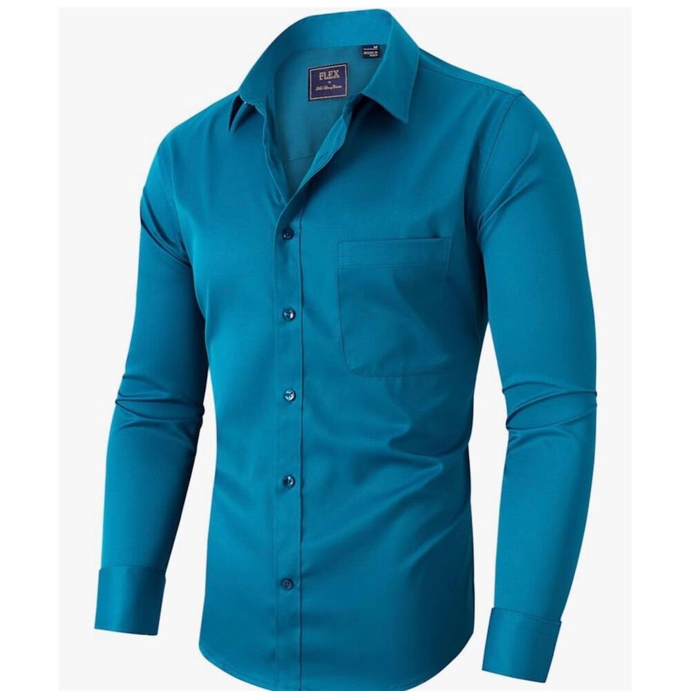 Men's Slim Fit Long Sleeve Dress Shirt Teal Blue Size XL-Tall Wrinkle-Resistant